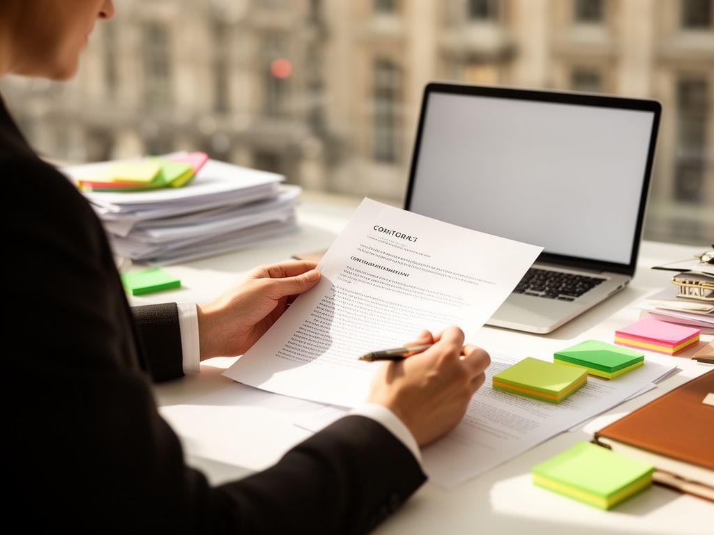 Solicitor reviewing a contract at a bright London desk with notes and a laptop